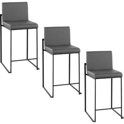 Fuji 26" High Back Counter Stool in Black Steel & Grey Leatherette (Set of 3)